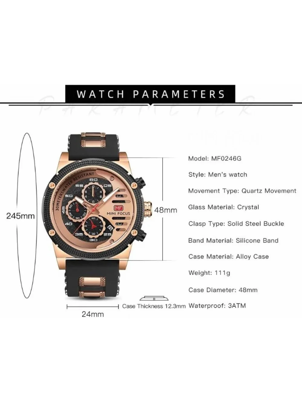 Men's Rose Black Chronograph Waterproof Sport Military Analog Quartz Wristwatch